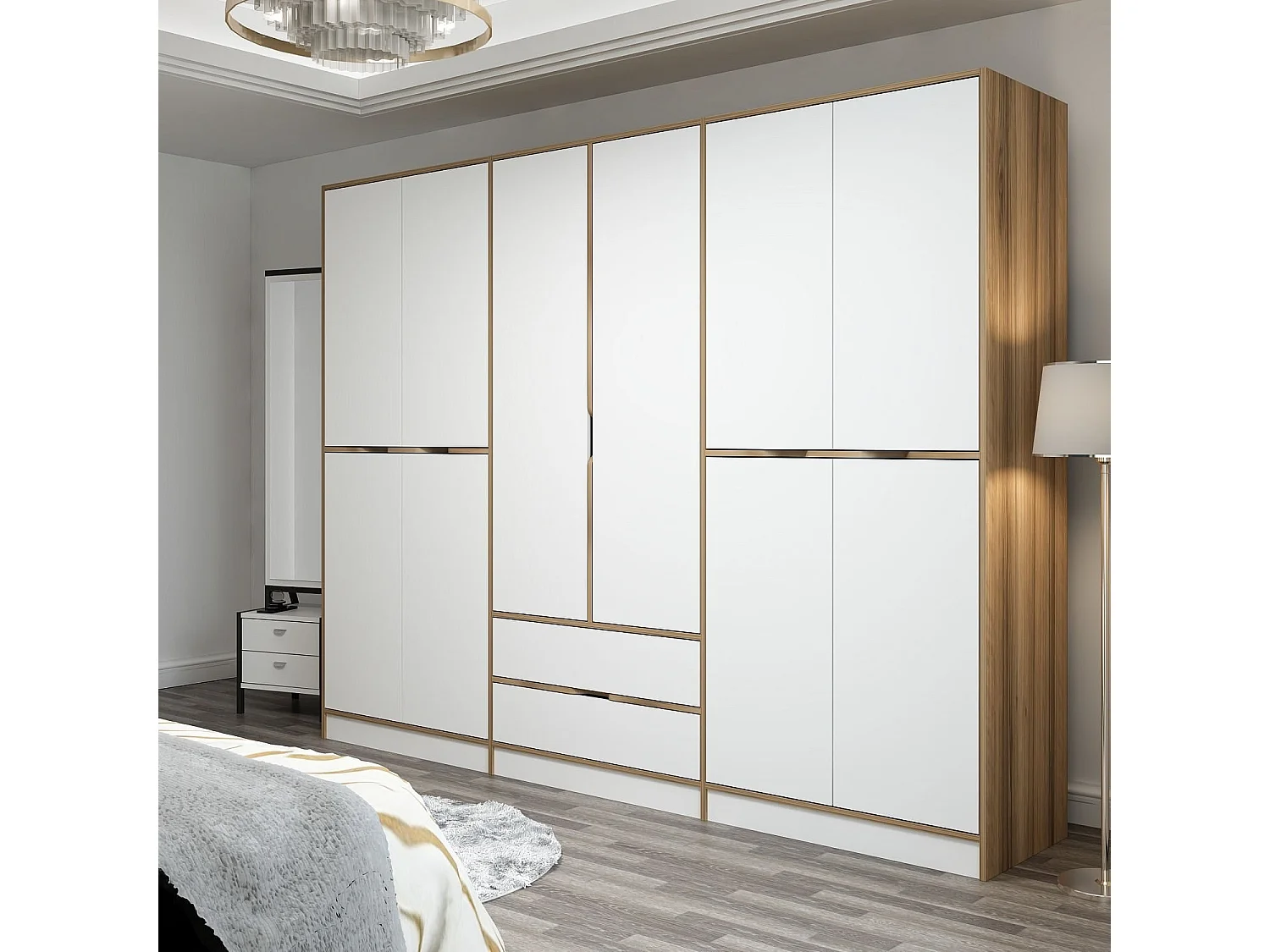 Armoire design 10 portes et 2 tiroirs Srau L270xH210 Blanc et Bois