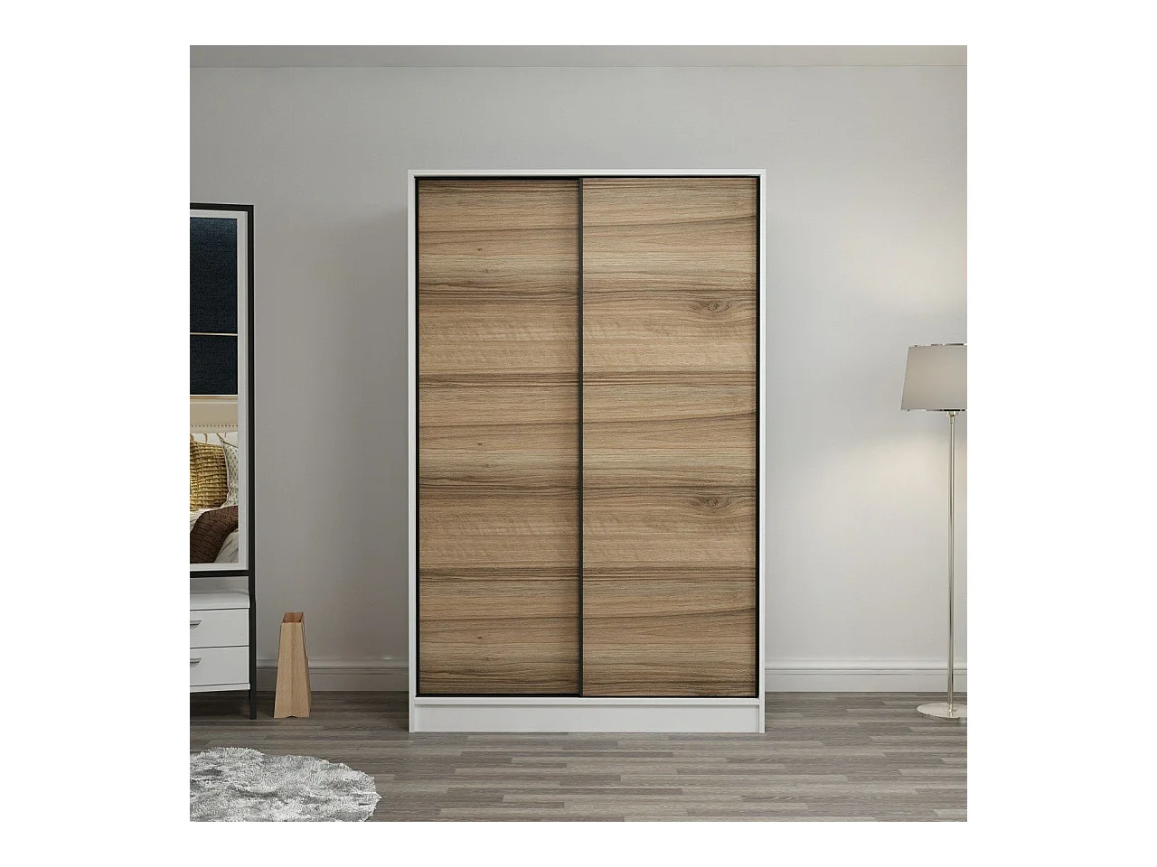 Armario Kailua T100, Blanco|Roble, 210x120x60cm, Puertas de armario: Correderas