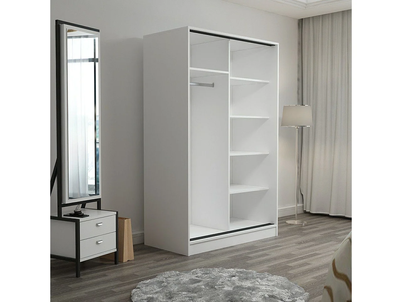 Armario Kailua T100, Blanco|Roble, 210x120x60cm, Puertas de armario: Correderas