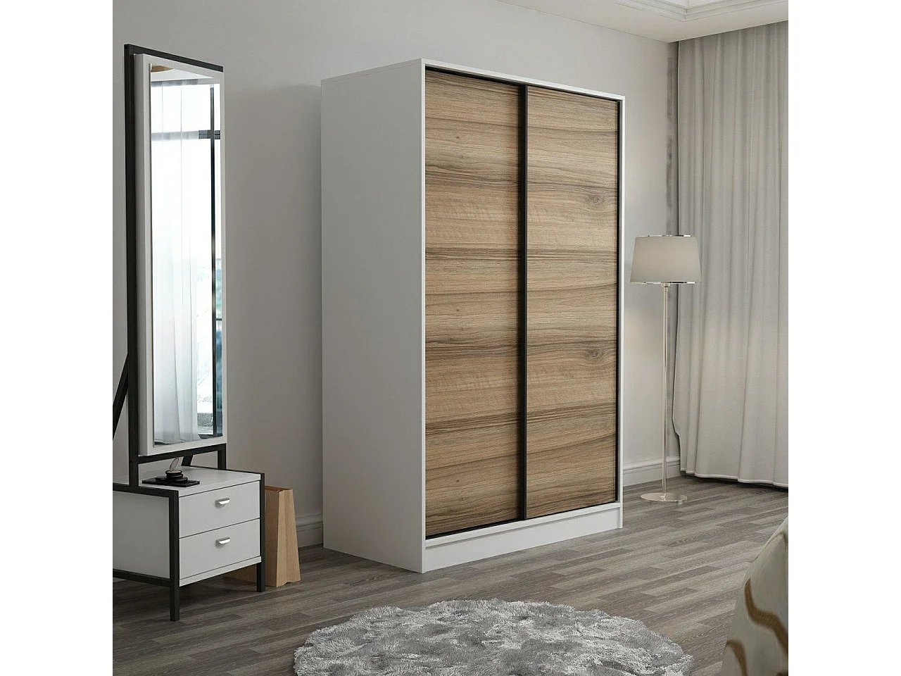 Guardaroba Kailua T100, Quercia|Bianco, 210x120x60cm, Porte guardaroba: Scorrevole