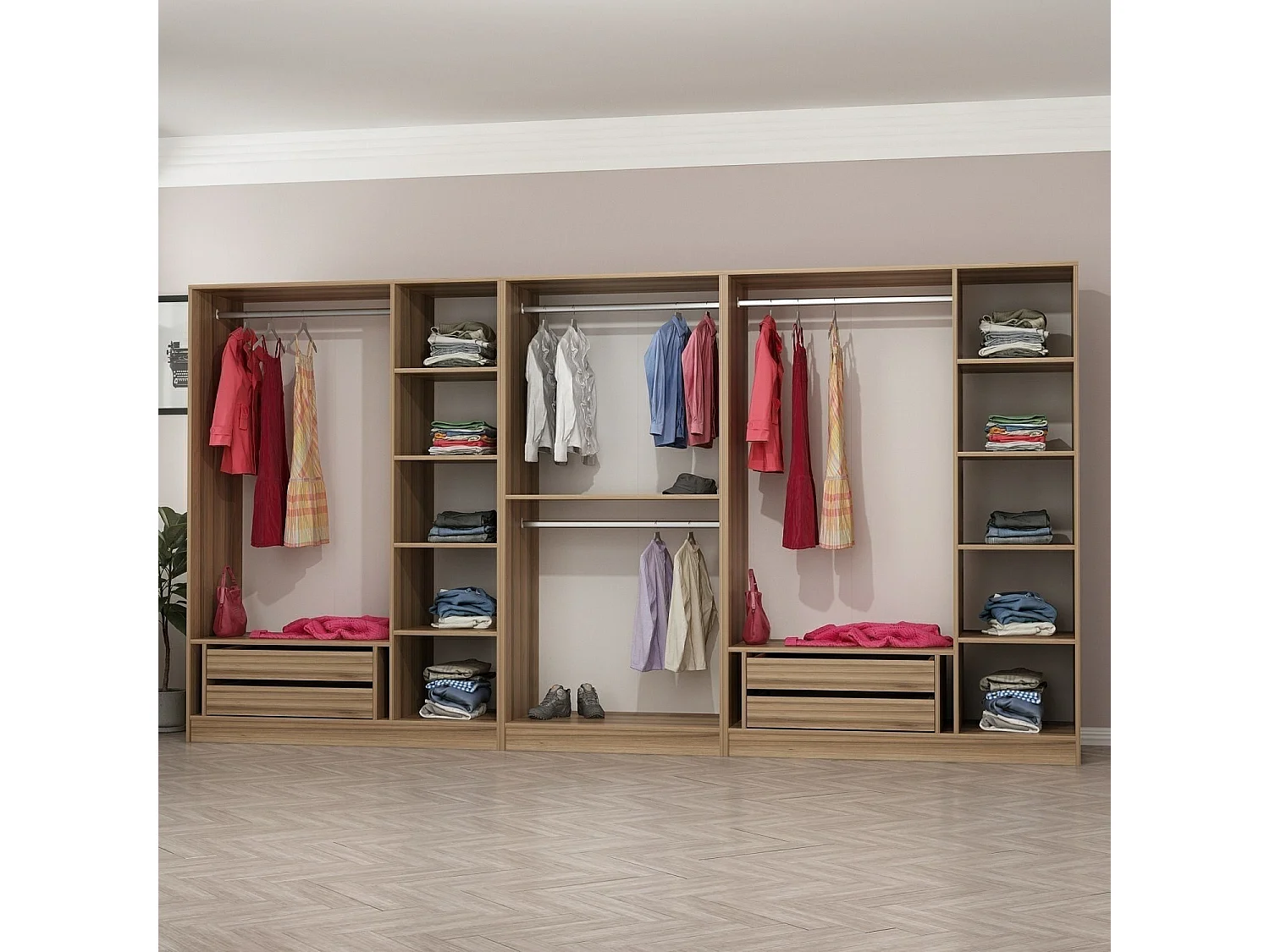 Armoire ouverte Antipax L360xH190cm 4 tringles et 4 tiroirs Bois clair