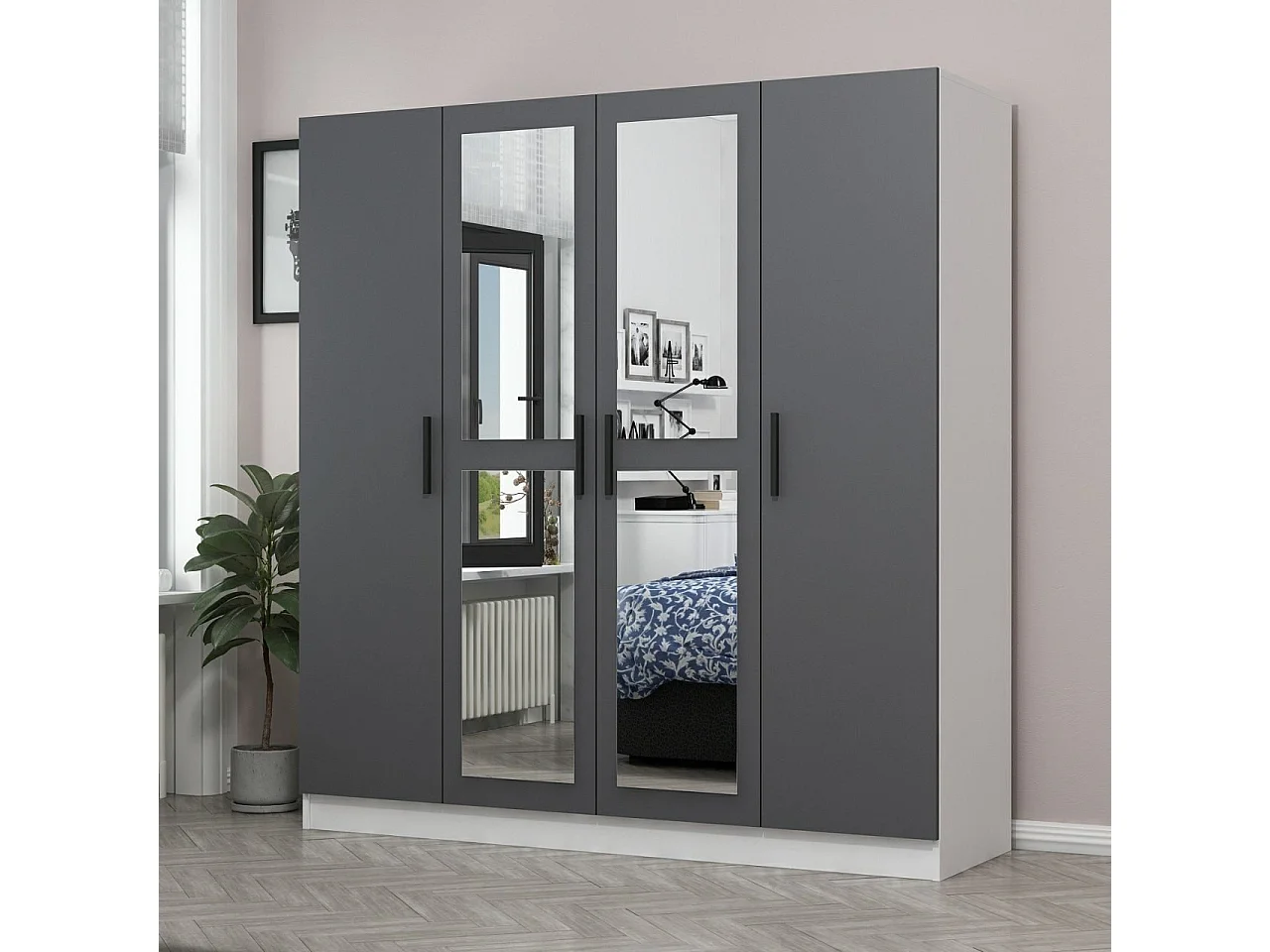 Armoire 4 portes et 4 miroirs Sanur L180xH190cm Anthracite et Blanche