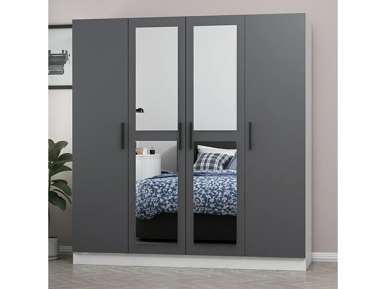 Armoire 4 portes et 4 miroirs Sanur L180xH190cm Anthracite et Blanche