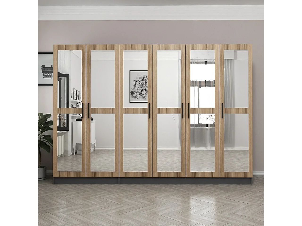 Armoire 6 portes et 12 miroirs Sanur L270xH190cm Bois clair et Anthracite