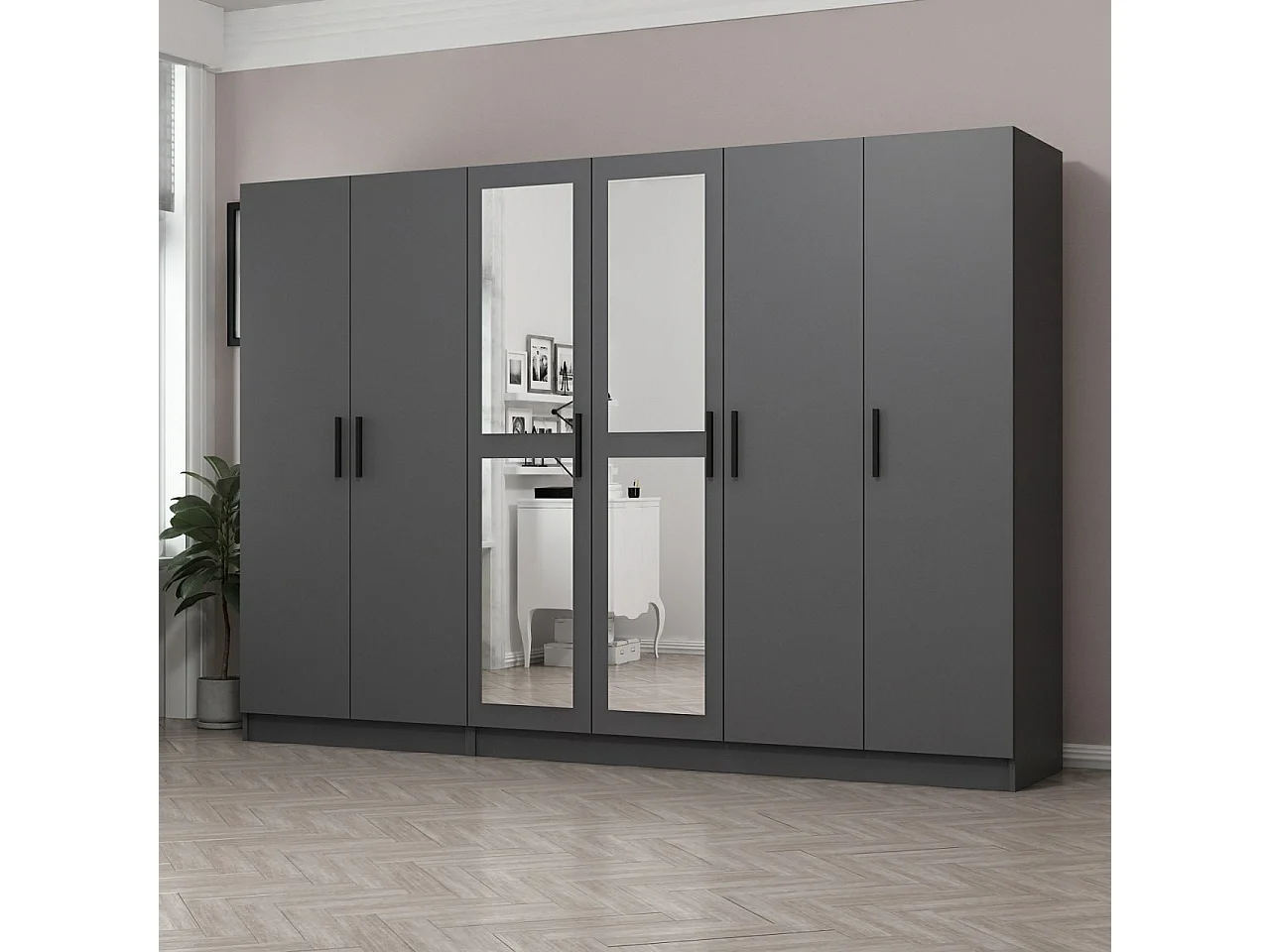 Armoire 6 portes et 4 miroirs Sanur L270xH190cm Anthracite