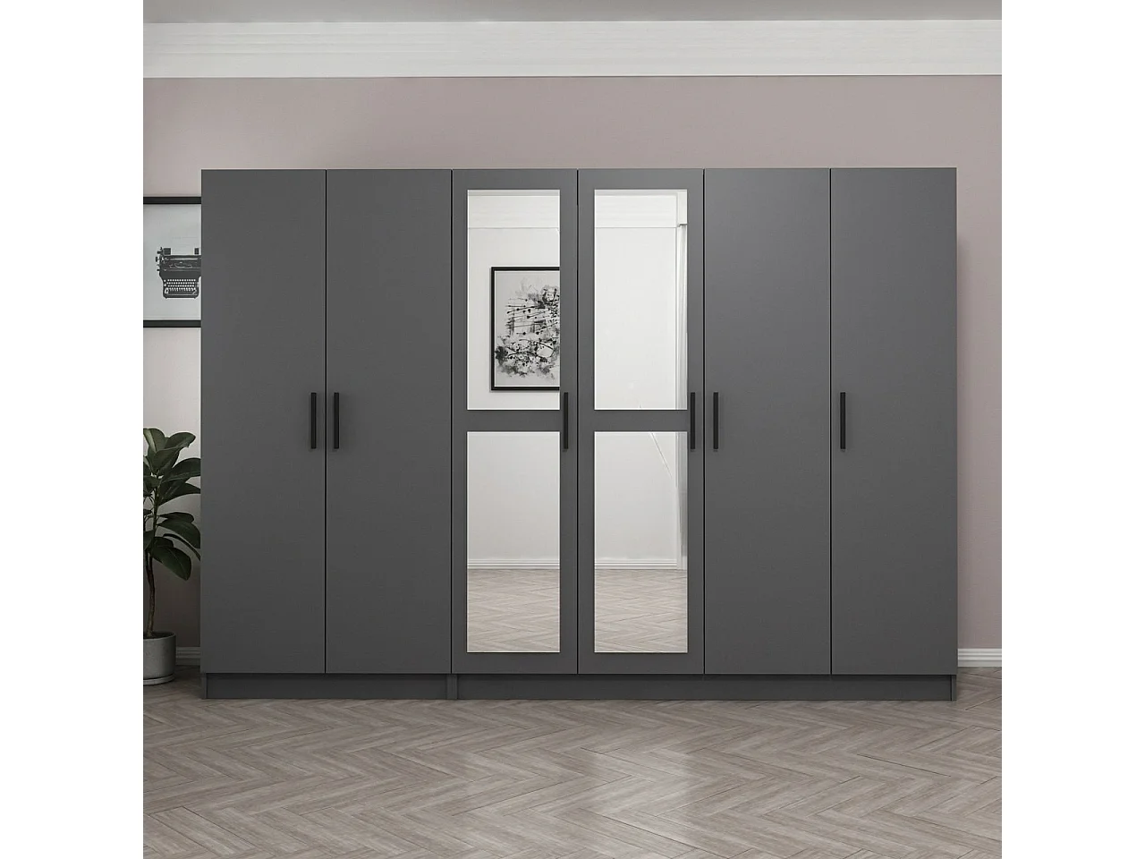 Armoire 6 portes et 4 miroirs Sanur L270xH190cm Anthracite
