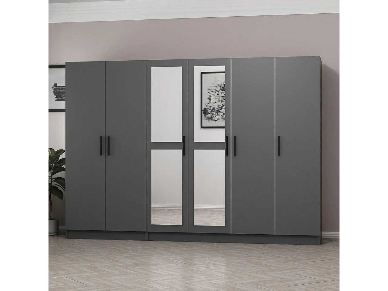 Armoire 6 portes et 4 miroirs Sanur L270xH190cm Anthracite