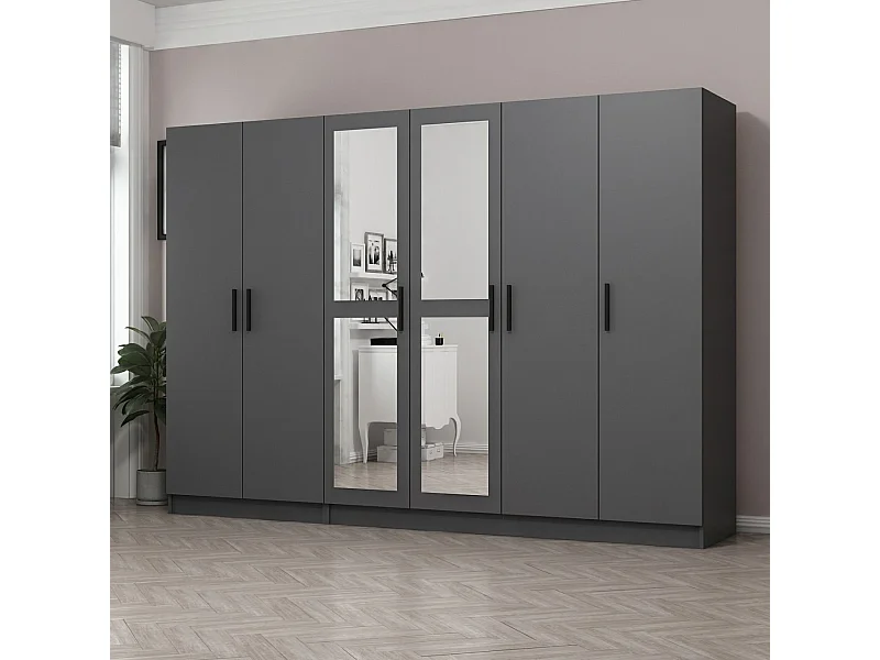 Armoire 6 portes et 4 miroirs Sanur L270xH190cm Anthracite