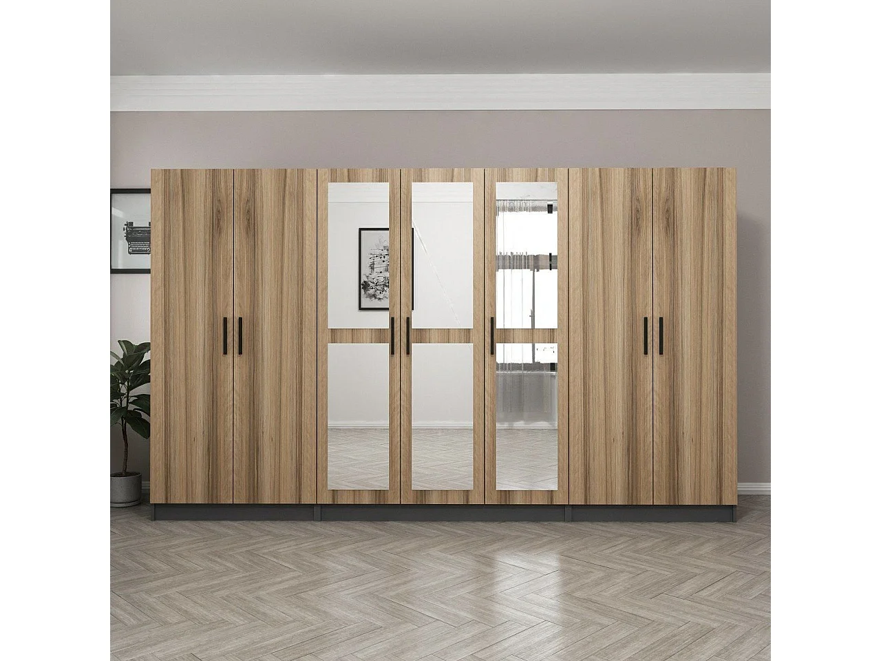 Armoire 7 portes et 6 miroirs Sanur L315xH190cm Chêne clair et Anthracite