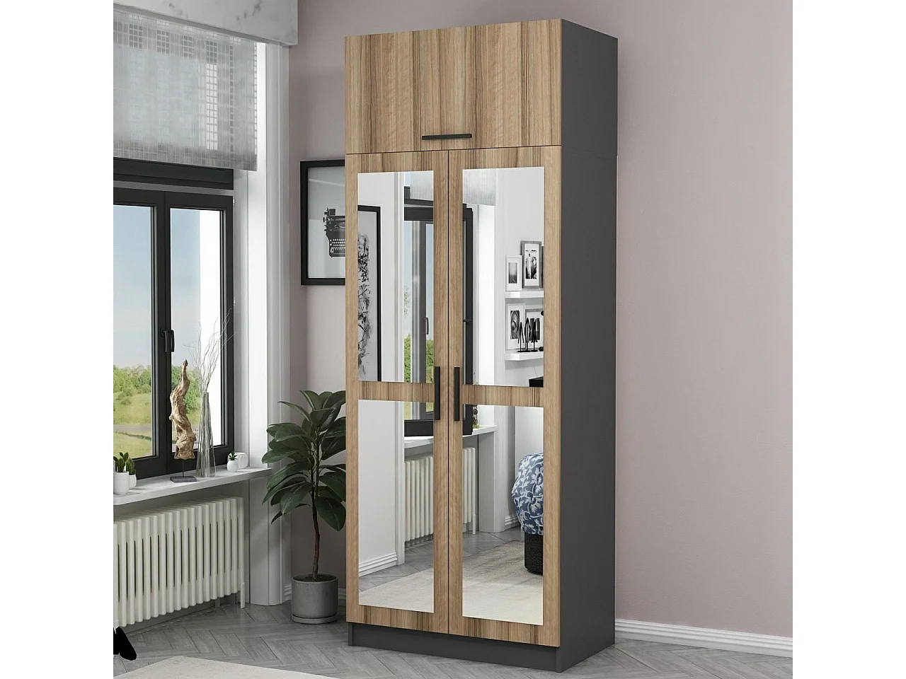 Armoire 3 portes et 4 miroirs Sanur L90xH235cm Chêne clair et Anthracite