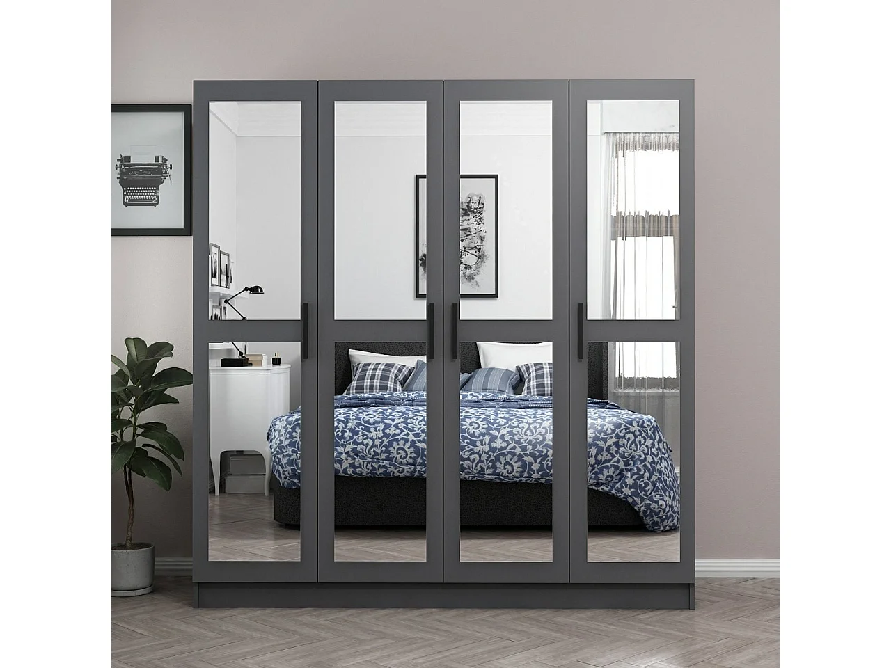 Armoire 4 portes et 8 miroirs Sanur L180xH190cm Anthracite