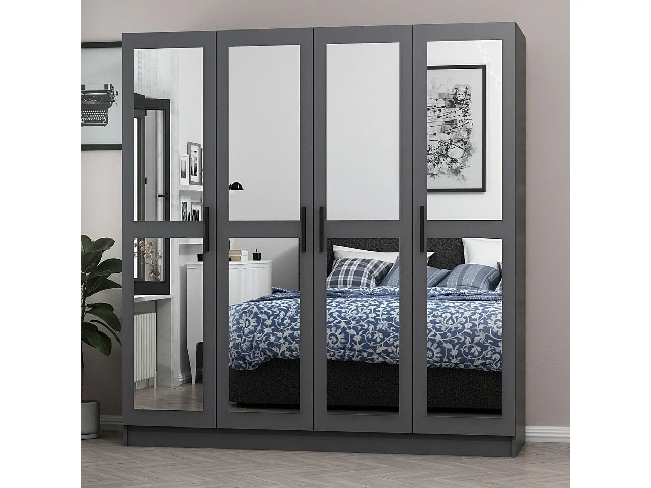 Armoire 4 portes et 8 miroirs Sanur L180xH190cm Anthracite