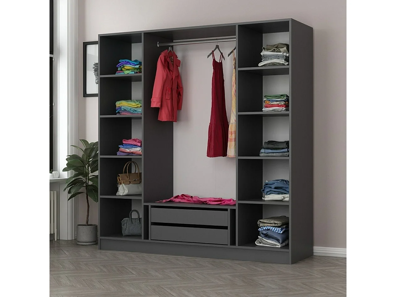 Armoire 4 portes et 8 miroirs Sanur L180xH190cm Anthracite