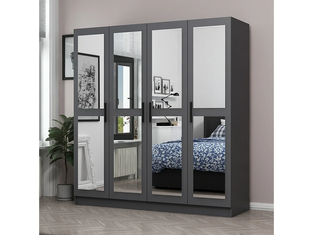 Armoire 4 portes et 8 miroirs Sanur L180xH190cm Anthracite