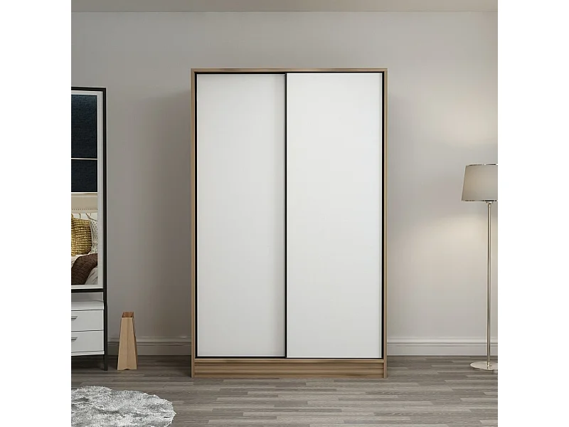 Armoire design 2 portes coulissantes Selong L120xH210cm Chêne clair et Blanc