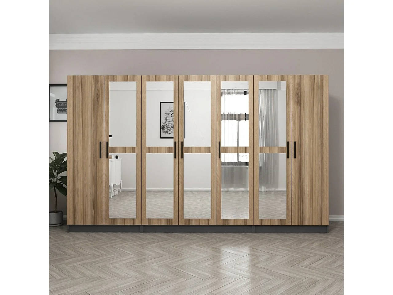 Armoire 7 portes et 10 miroirs Sanur L315xH190cm Chêne clair et Anthracite