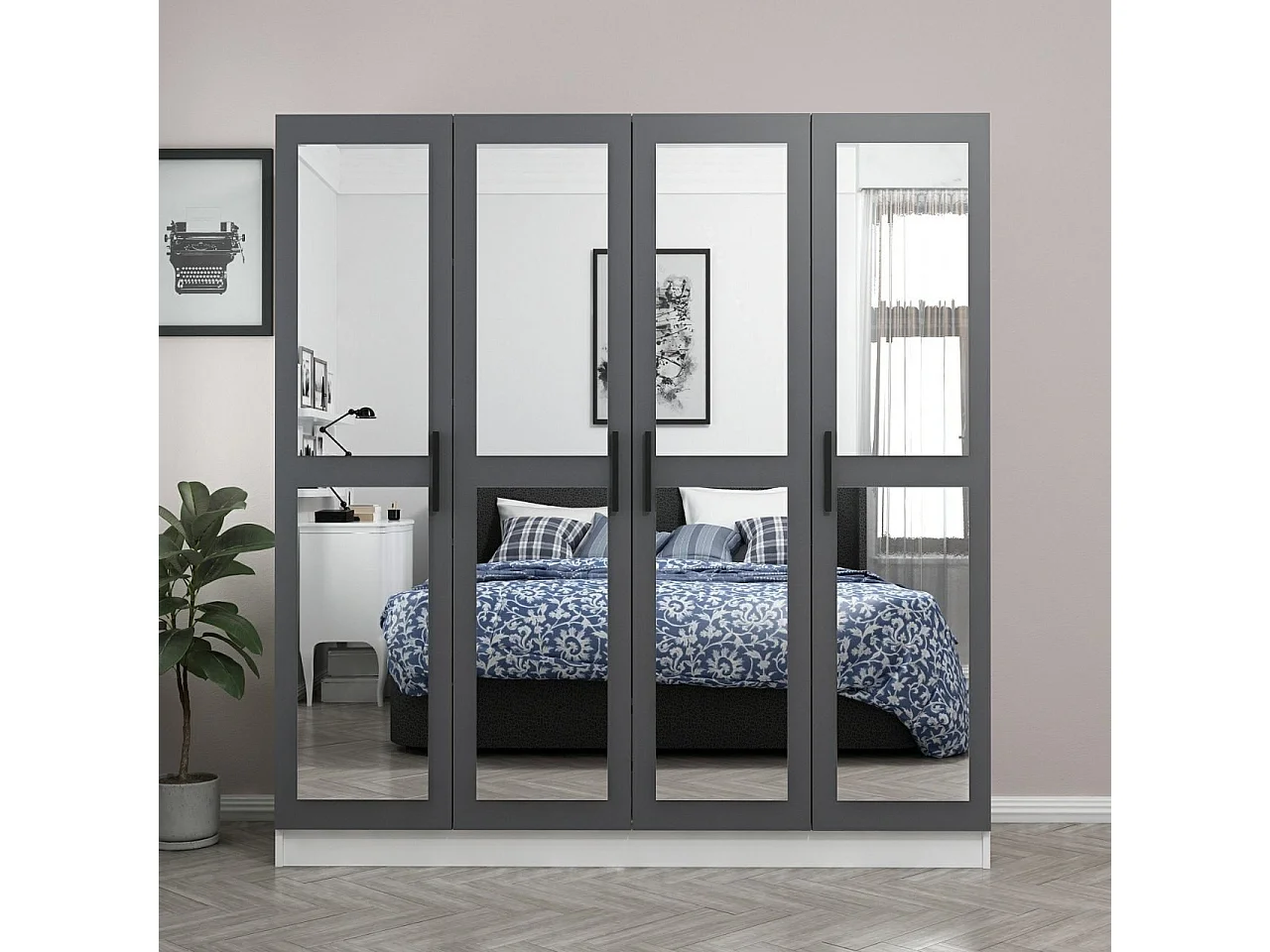 Armoire 4 portes et 8 miroirs Sanur L180xH190cm Anthracite et Blanc