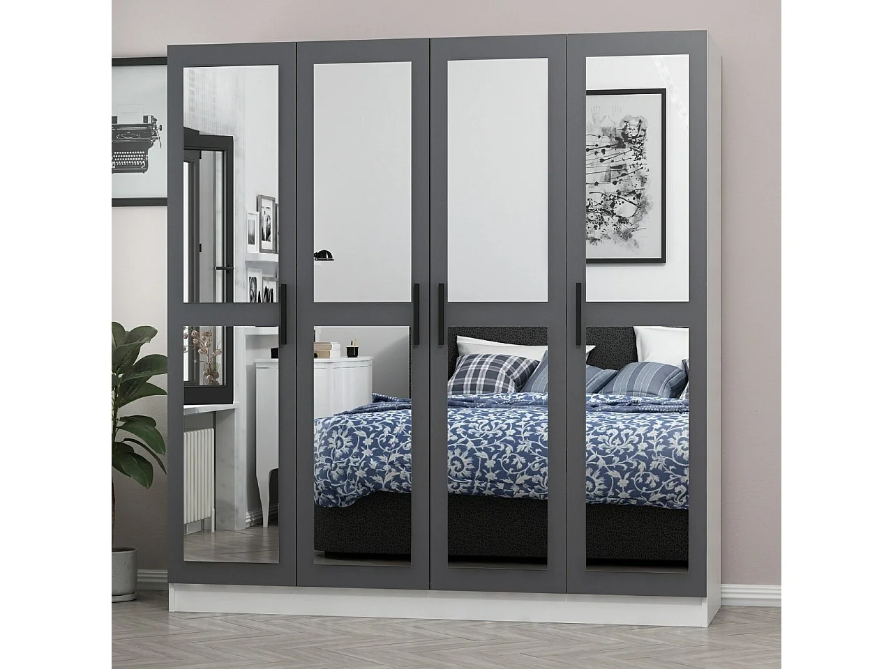 Armoire 4 portes et 8 miroirs Sanur L180xH190cm Anthracite et Blanc