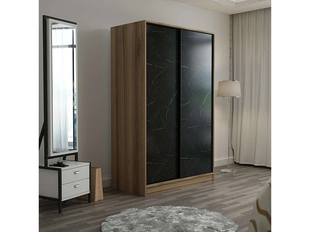 Armoire design 2 portes coulissantes Selong L120xH210cm Chêne clair et Effet marbre Noir
