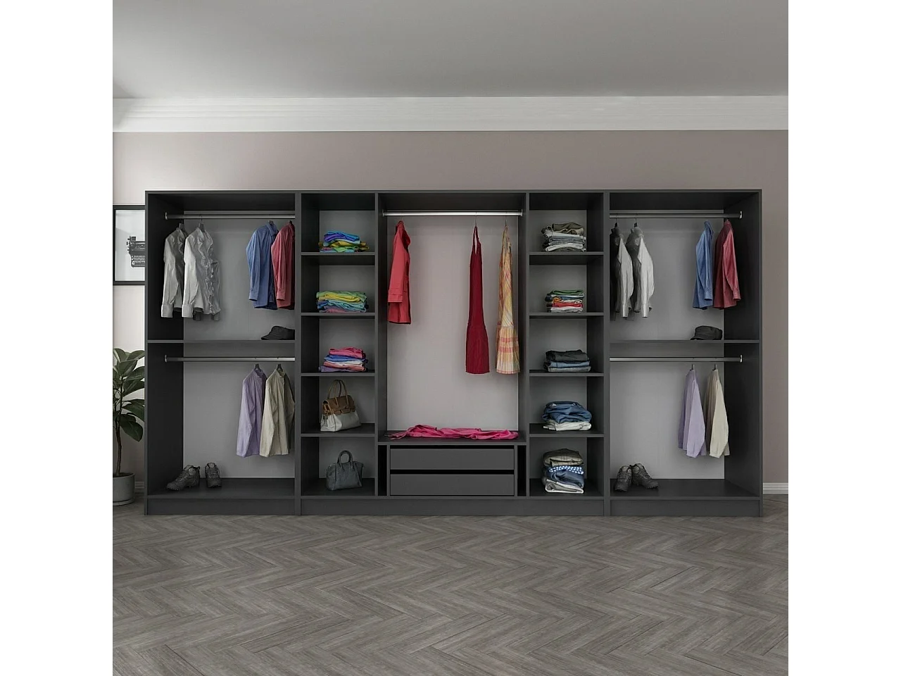 Armoire ouverte Antipax L360xH210cm 5 tringles et 2 tiroirs Anthracite