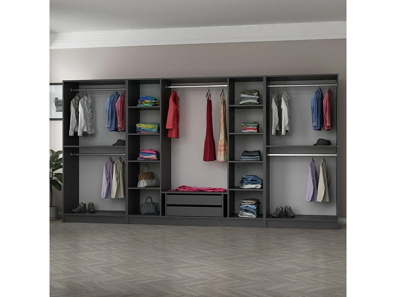 Armoire ouverte Antipax L360xH210cm 5 tringles et 2 tiroirs Anthracite