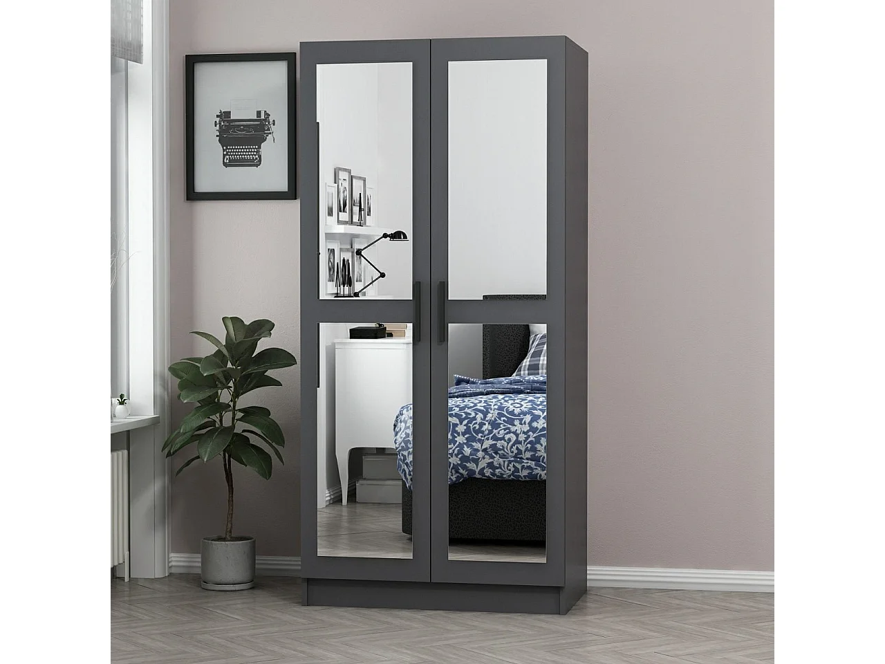 Armoire 2 portes et 4 miroirs Sanur L90xH190cm Anthracite