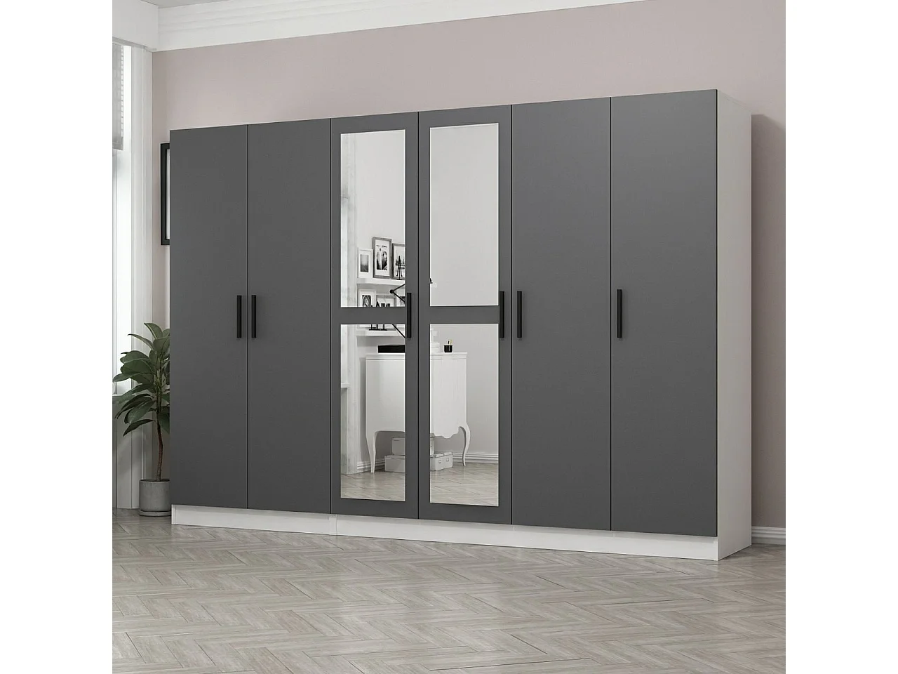 Armoire 6 portes et 4 miroirs Sanur L270xH190cm Anthracite et Blanc