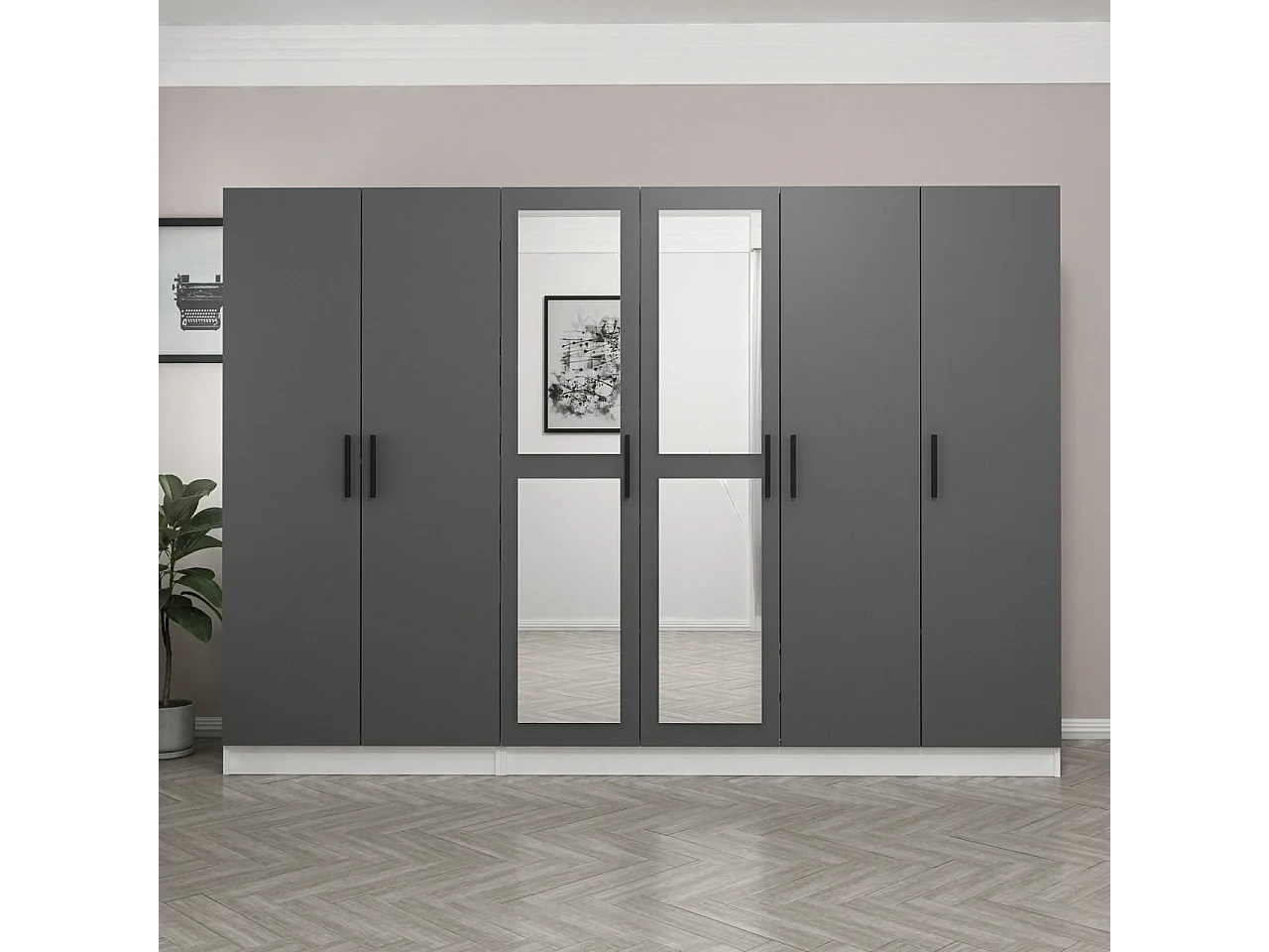 Armoire 6 portes et 4 miroirs Sanur L270xH190cm Anthracite et Blanc