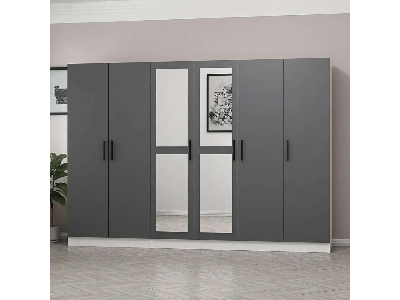 Armoire 6 portes et 4 miroirs Sanur L270xH190cm Anthracite et Blanc