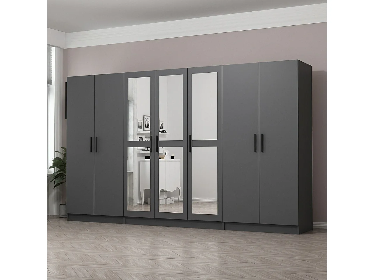 Armoire 7 portes et 6 miroirs Sanur L315xH190cm Anthracite