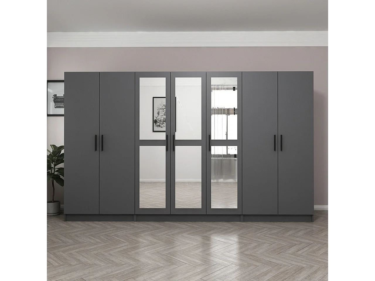 Armoire 7 portes et 6 miroirs Sanur L315xH190cm Anthracite