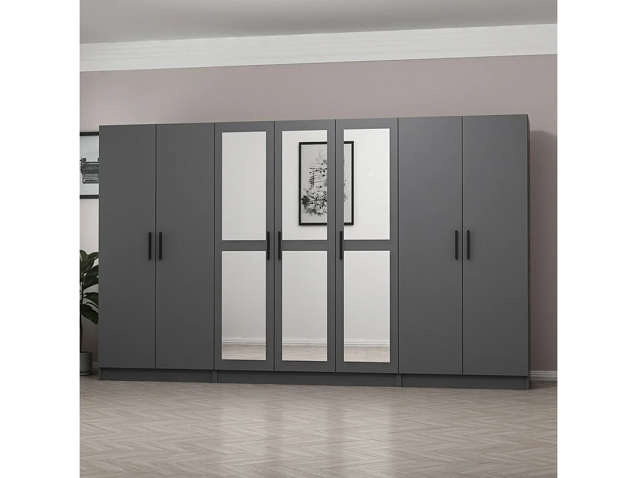 Armoire 7 portes et 6 miroirs Sanur L315xH190cm Anthracite