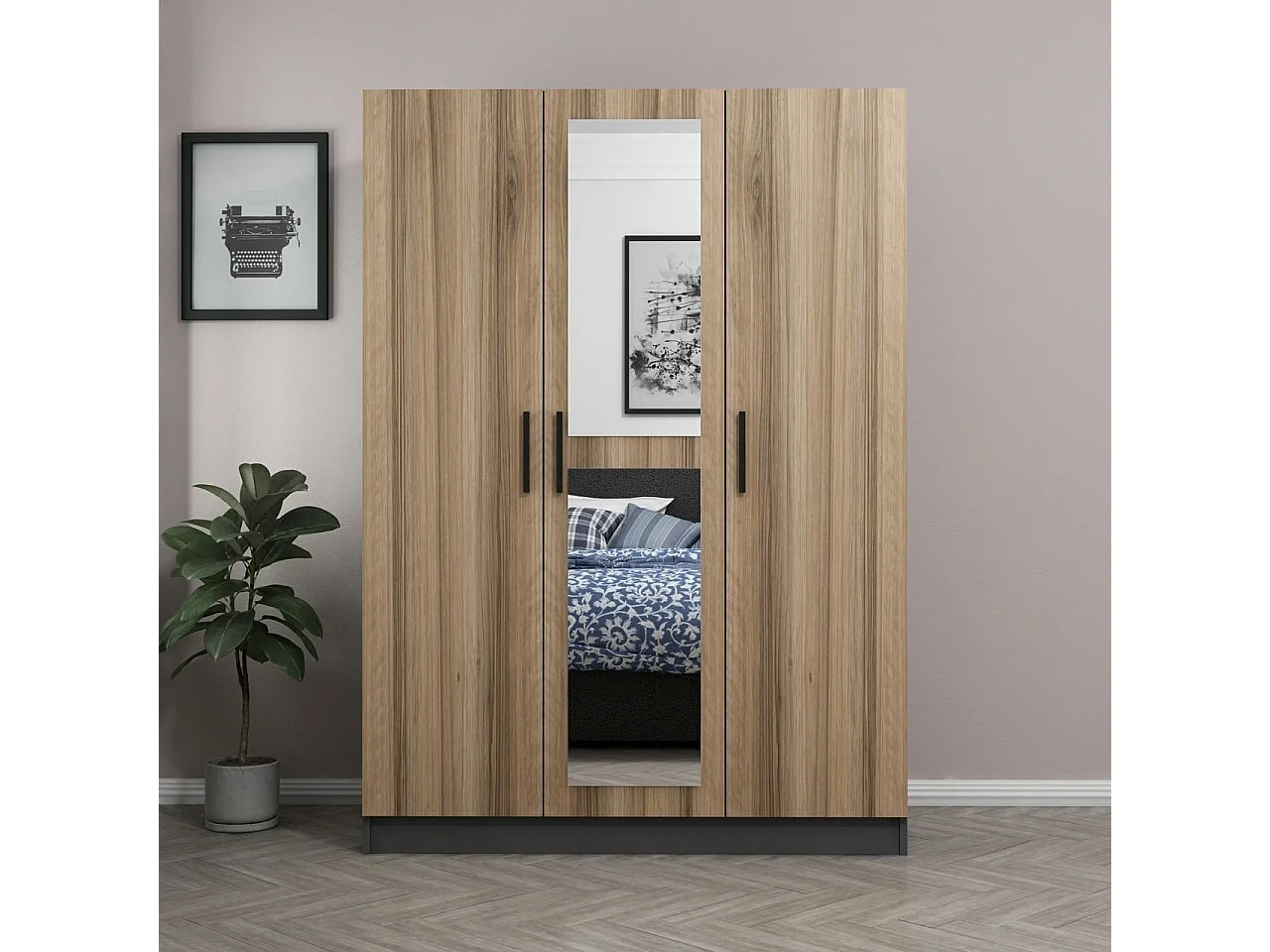 Armoire 3 portes et 2 miroirs Sanur L135xH190cm Chêne clair et Anthracite