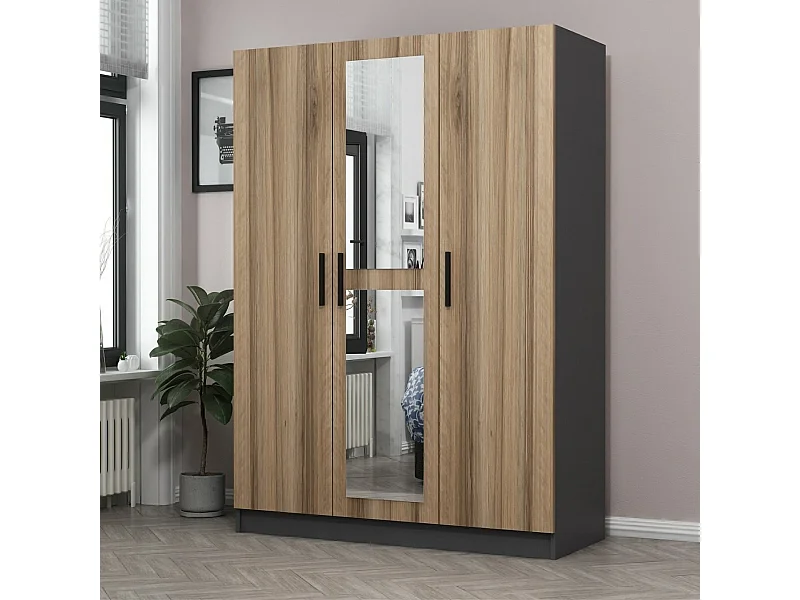 Armoire 3 portes et 2 miroirs Sanur L135xH190cm Chêne clair et Anthracite