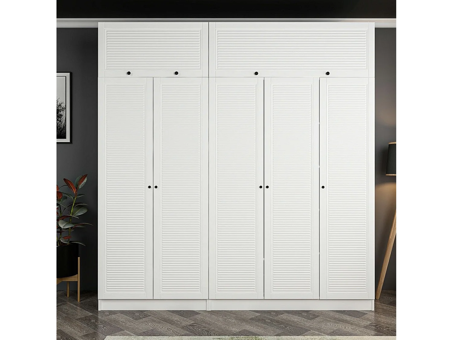 Armoire haute 5 portes battantes et 2 portes basculants Kuta L225xH235cm Bois Blanc