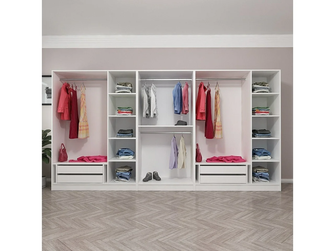 Armoire ouverte Antipax L360xH210cm 4 tringles et 4 tiroirs Blanc