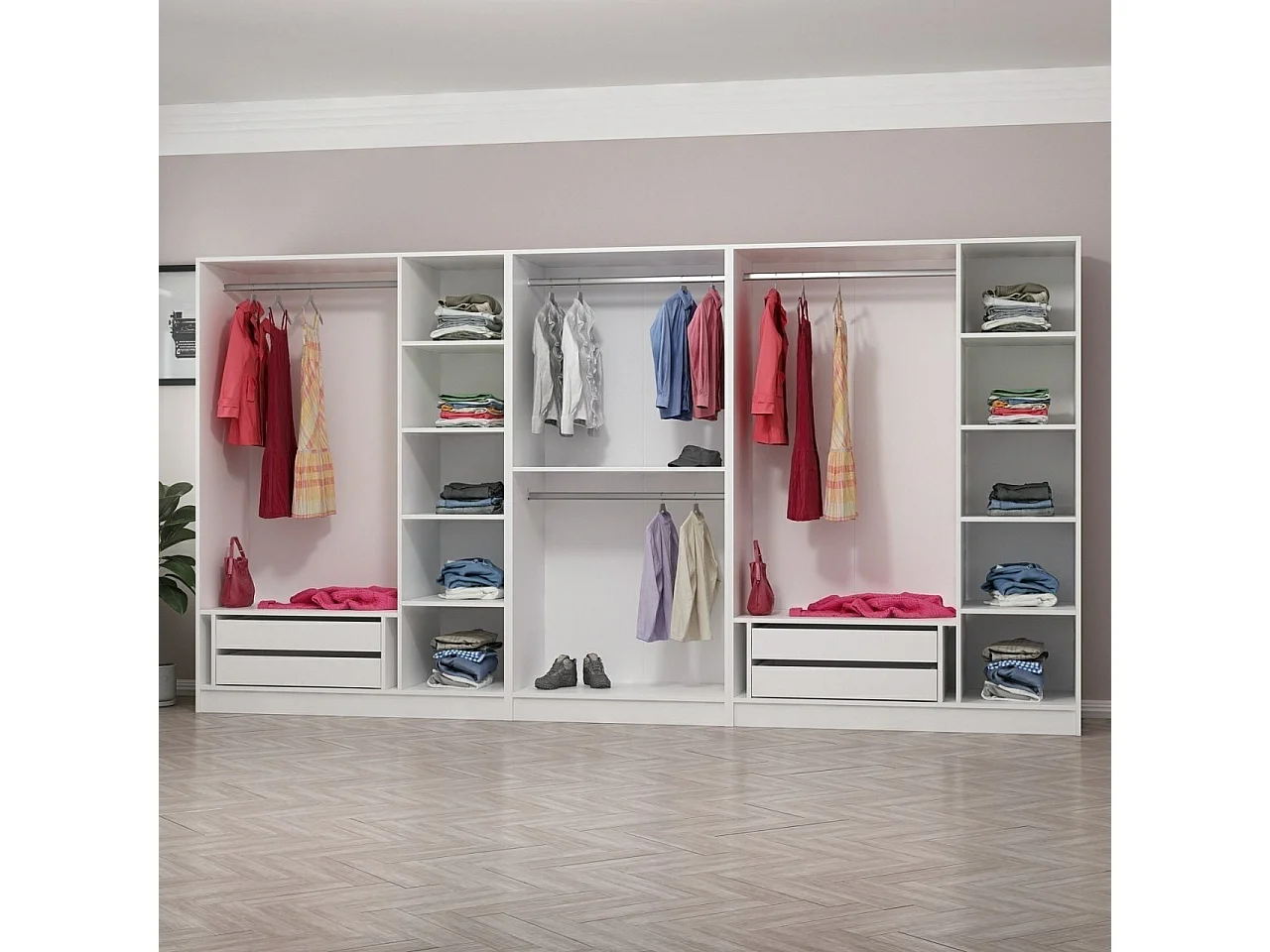 Armoire ouverte Antipax L360xH210cm 4 tringles et 4 tiroirs Blanc