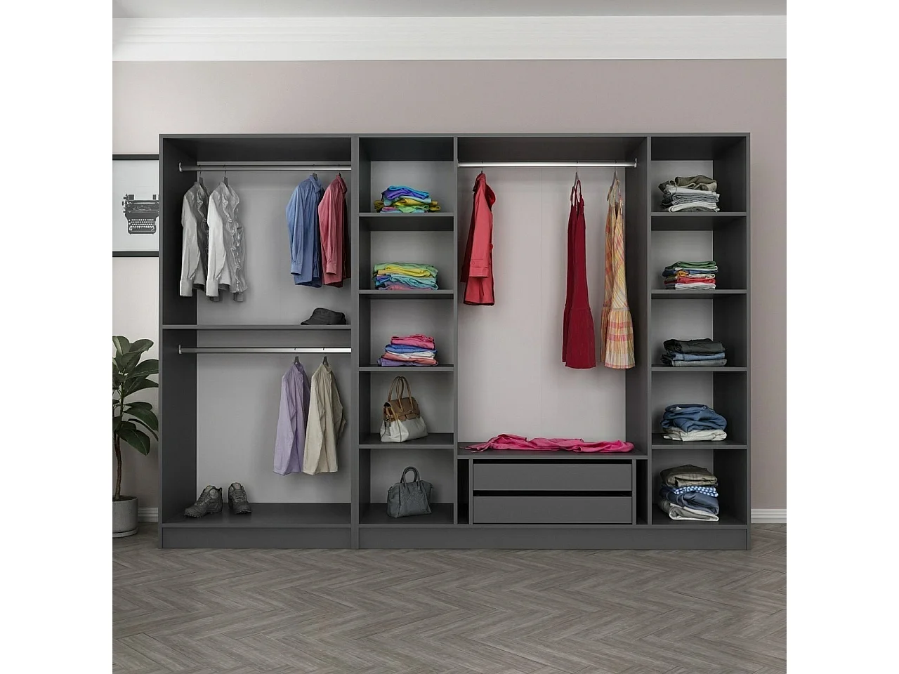 Armoire ouverte Antipax L270xH190cm 3 tringles et 2 tiroirs Anthracite