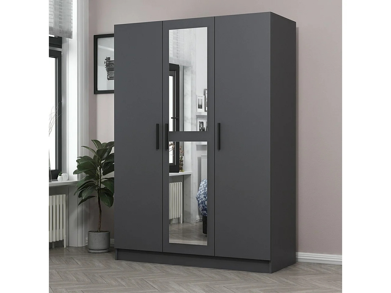 Armoire 3 portes et 2 miroirs Sanur L135xH190cm Anthracite