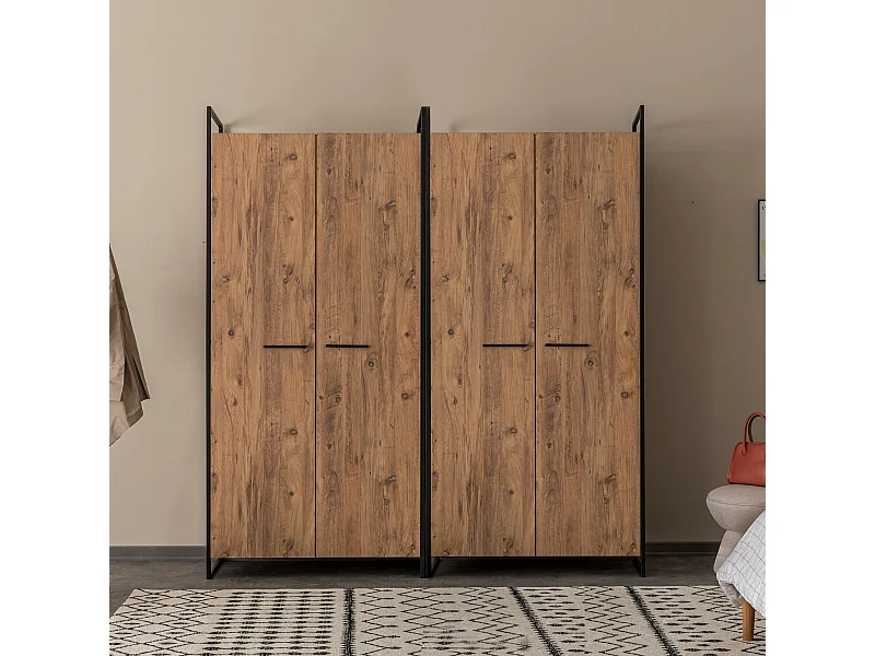 Armoire style industriel Fodienda L208cm avec 4 portes Bois et Métal Noir
