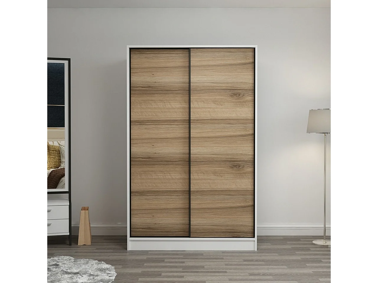 Armoire design 2 portes coulissantes Selong L120xH190cm Blanc et Chêne clair