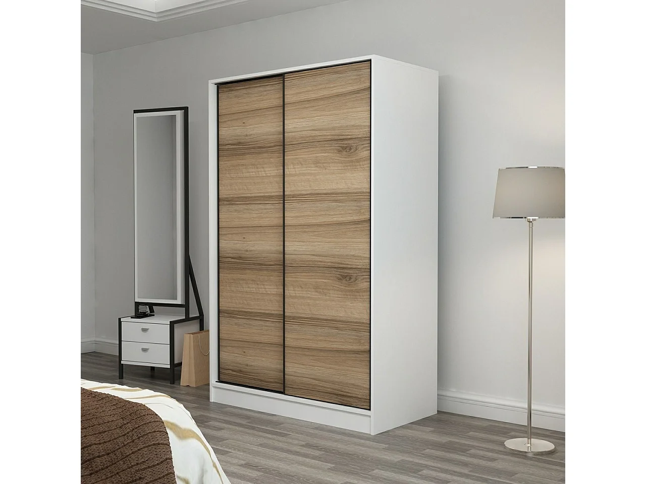 Armoire design 2 portes coulissantes Selong L120xH190cm Blanc et Chêne clair