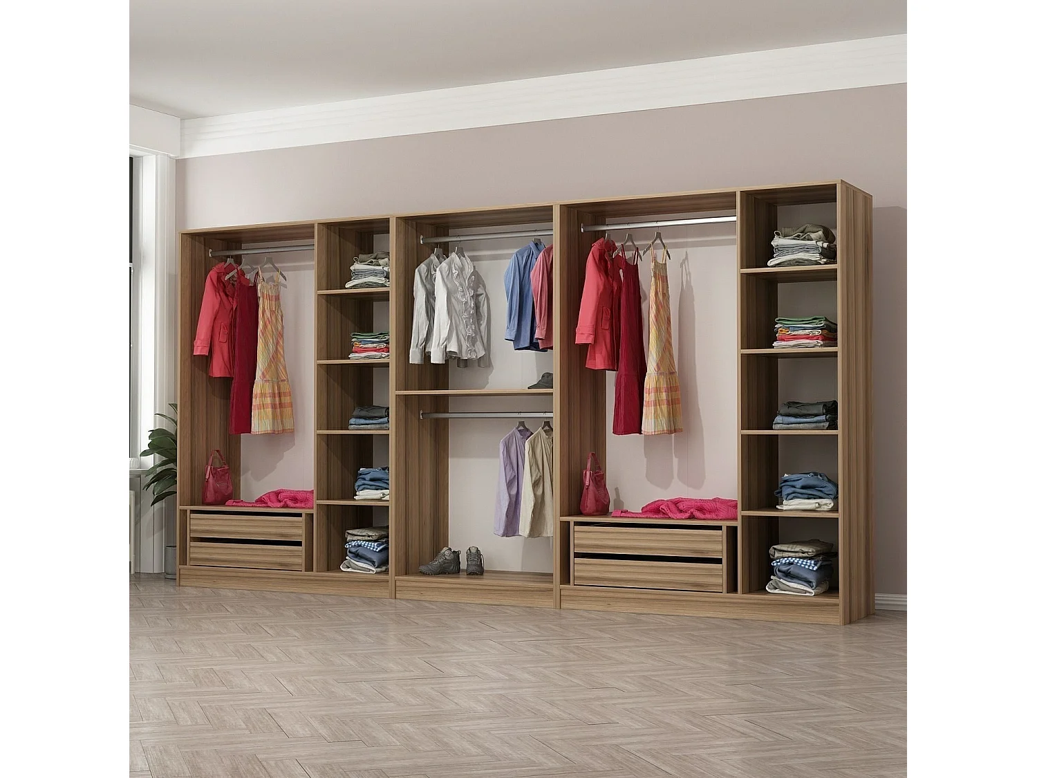 Armoire ouverte Antipax L360xH210cm 4 tringles et 4 tiroirs Bois clair