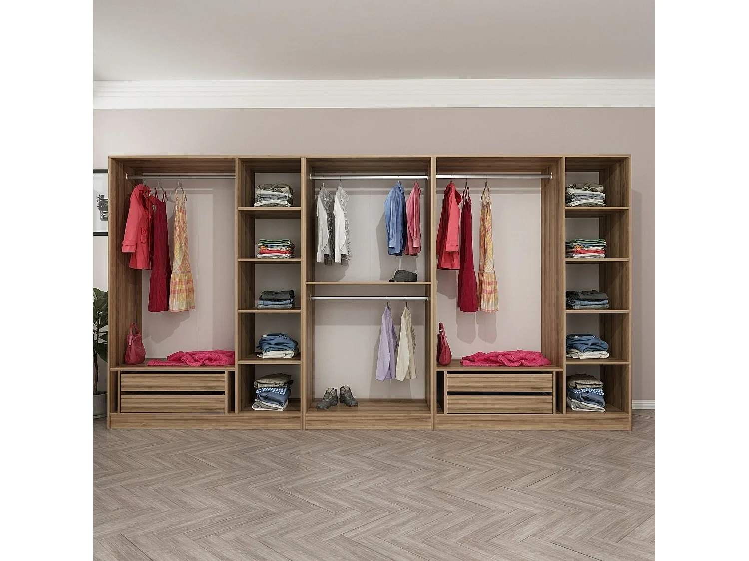 Armoire ouverte Antipax L360xH210cm 4 tringles et 4 tiroirs Bois clair