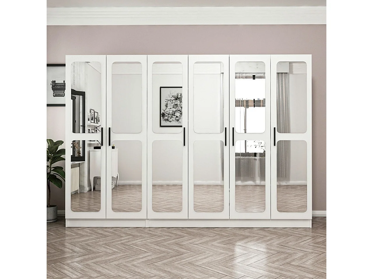 Armoire 6 portes et 12 miroirs Bangka L270xH190cm Blanc