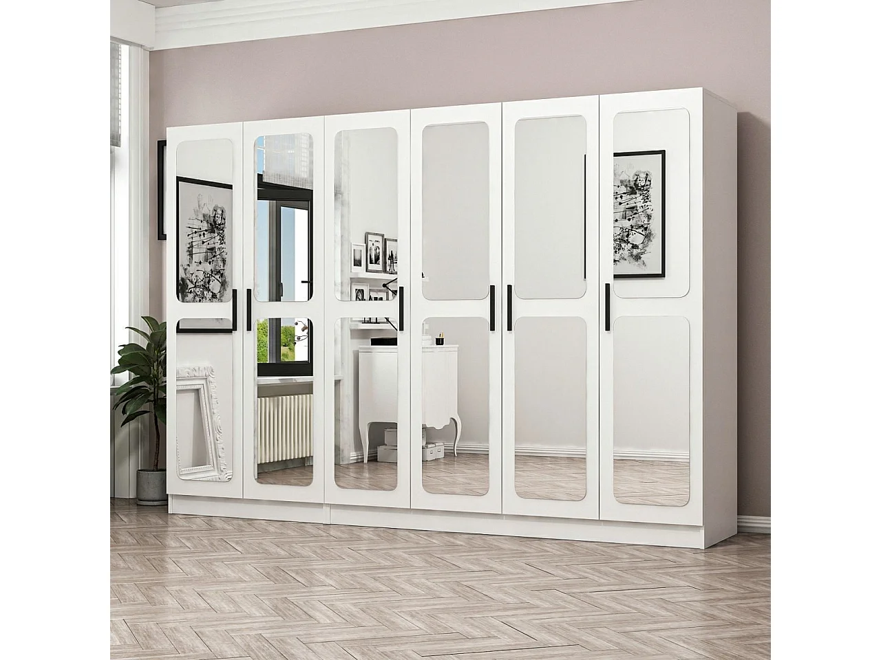 Armoire 6 portes et 12 miroirs Bangka L270xH190cm Blanc