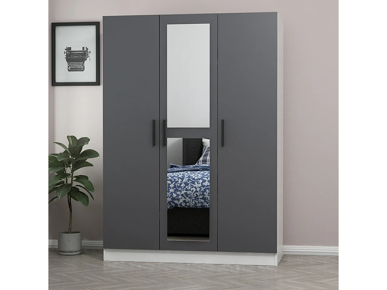 Armoire 3 portes et 2 miroirs Sanur L135xH190cm Anthracite et Blanc