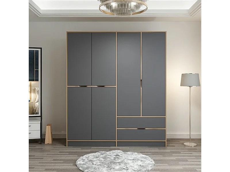 Armoire design 6 portes et 2 tiroirs Srau L180xH210 Bois foncé et Anthracite