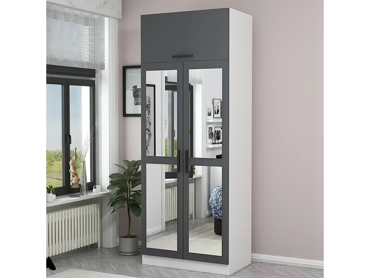 Armoire 3 portes et 4 miroirs Sanur L90xH225cm Anthracite et Blanc