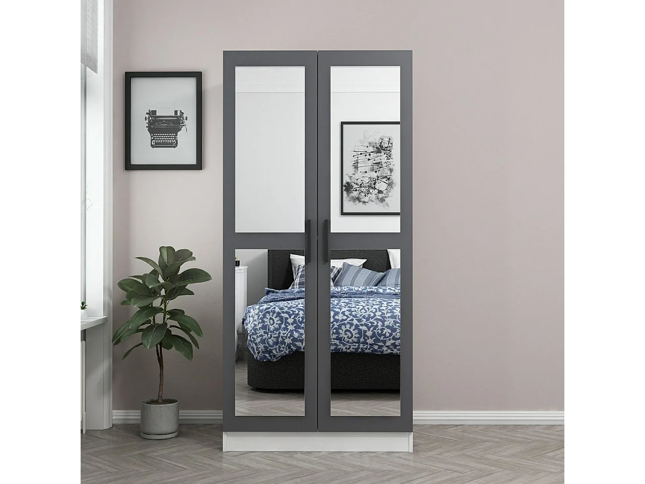 Armoire 2 portes et 4 miroirs Sanur L90xH190cm Anthracite et Blanc